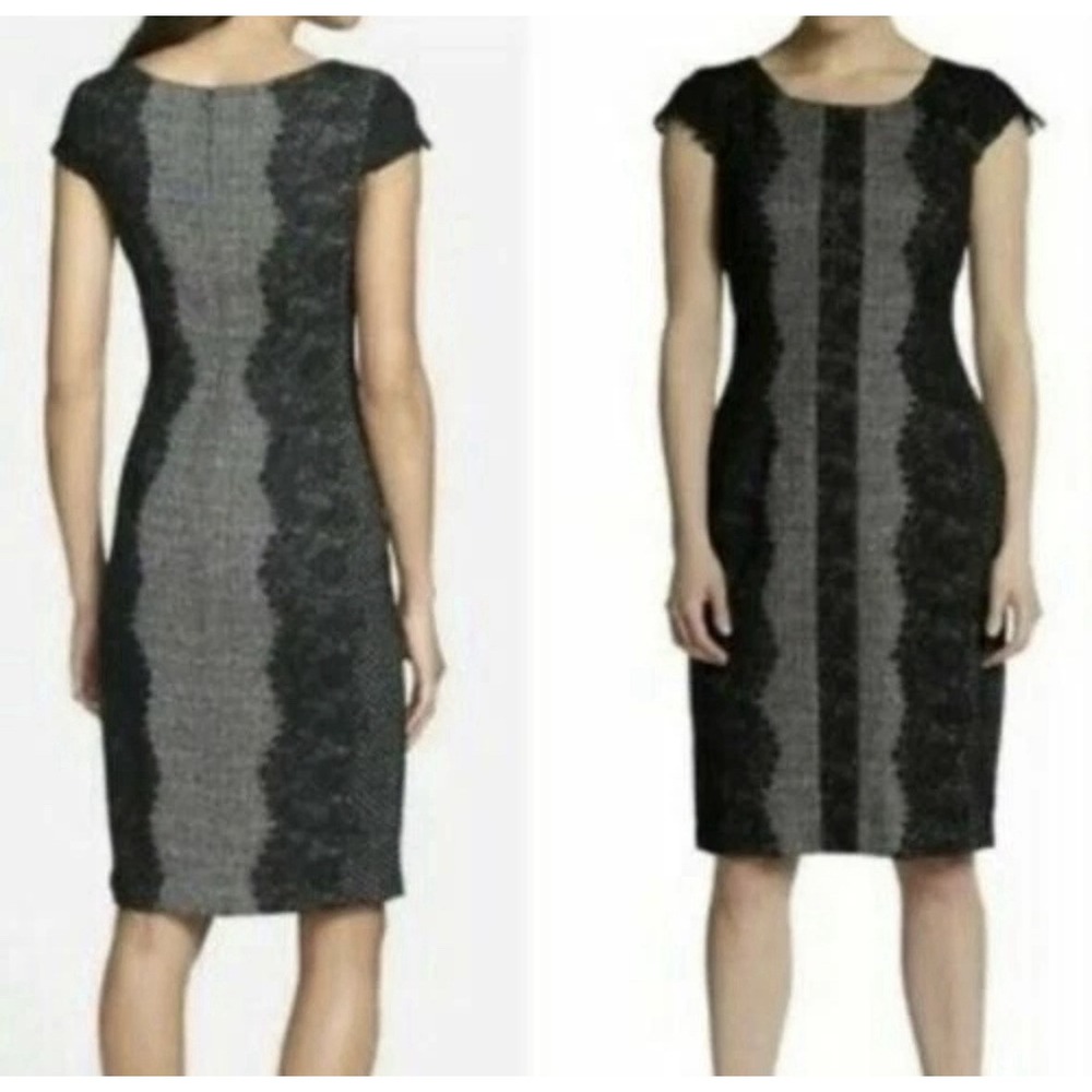 Betsey Johnson Women's Black Lace Sheath‎ Dress Gray Tweed Cap Sleeve Size 6